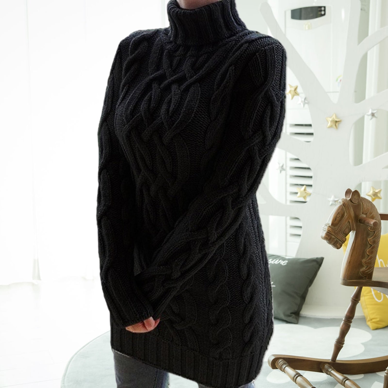 Twist Knitted Long Sleeve Warm Sweater Turtleneck Pullover