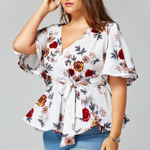 Short Sleeve Floral Print V-neck Blouse - Fashion Damsel