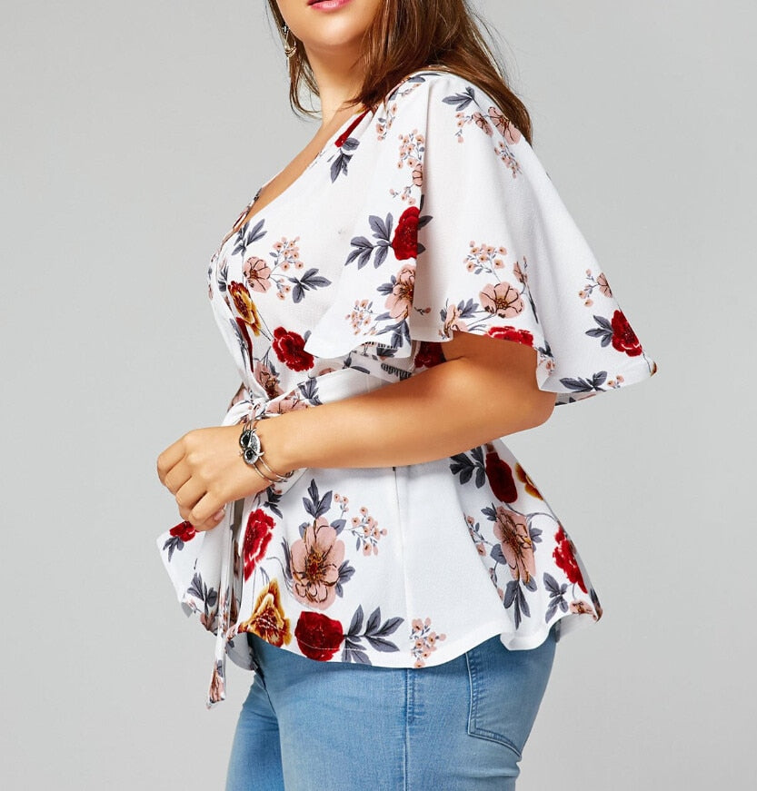 Short Sleeve Floral Print V-neck Blouse - Fashion Damsel