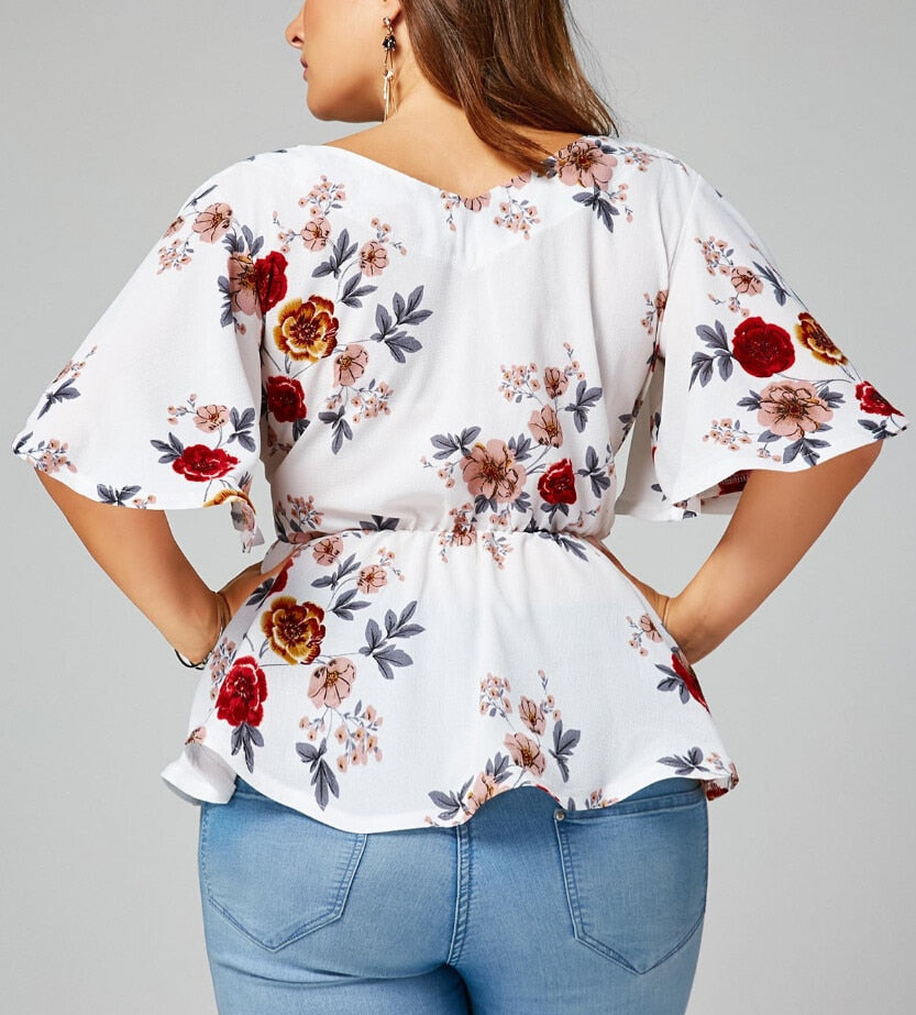 Short Sleeve Floral Print V-neck Blouse - Fashion Damsel