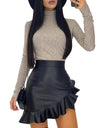 High Waist Black Ruffle Asymmetric Leather Pu Skirt