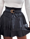 High Waist Black Ruffle Asymmetric Leather Pu Skirt