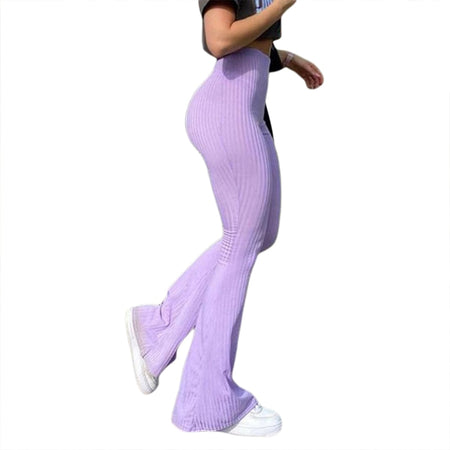 Flare Pants With Ribbed Knitted Slim Elastic High Waist - Fashion Damsel