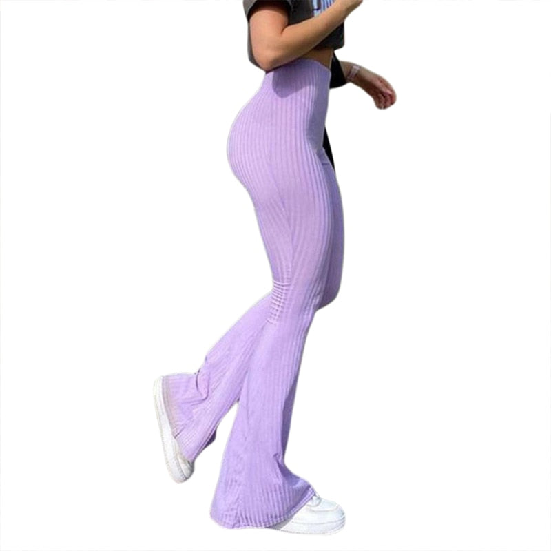 Flare Pants With Ribbed Knitted Slim Elastic High Waist - Fashion Damsel