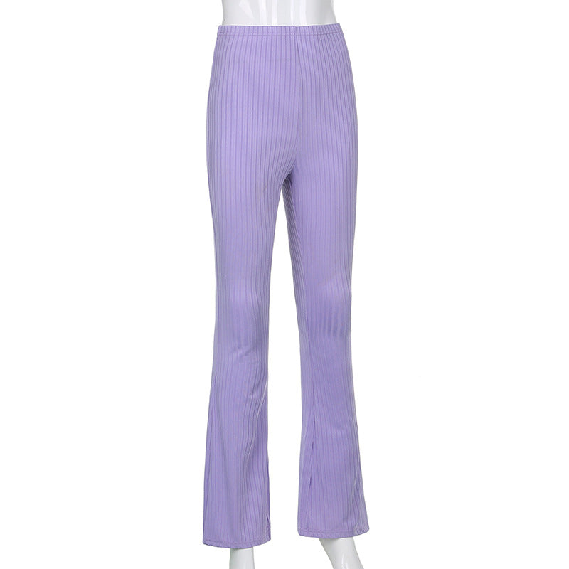 Flare Pants With Ribbed Knitted Slim Elastic High Waist - Fashion Damsel