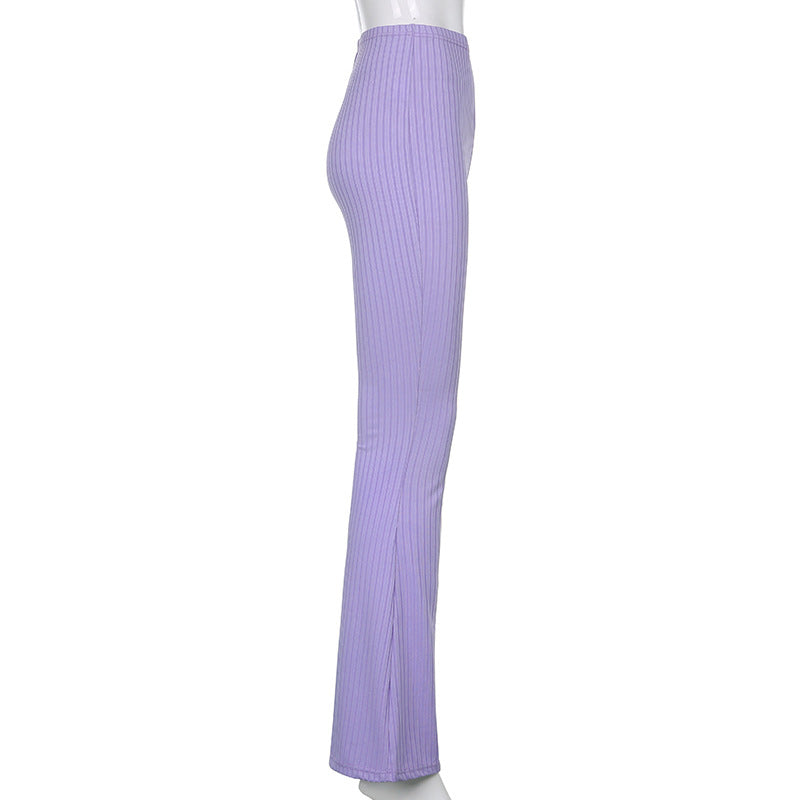 Flare Pants With Ribbed Knitted Slim Elastic High Waist - Fashion Damsel