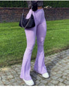 Flare Pants With Ribbed Knitted Slim Elastic High Waist - Fashion Damsel