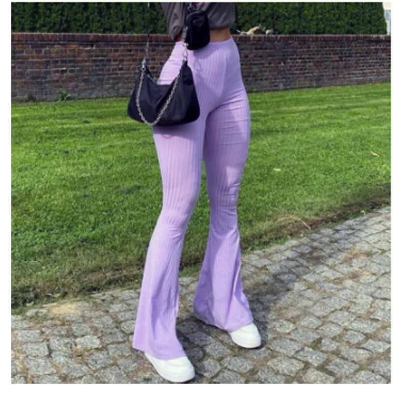 Flare Pants With Ribbed Knitted Slim Elastic High Waist - Fashion Damsel