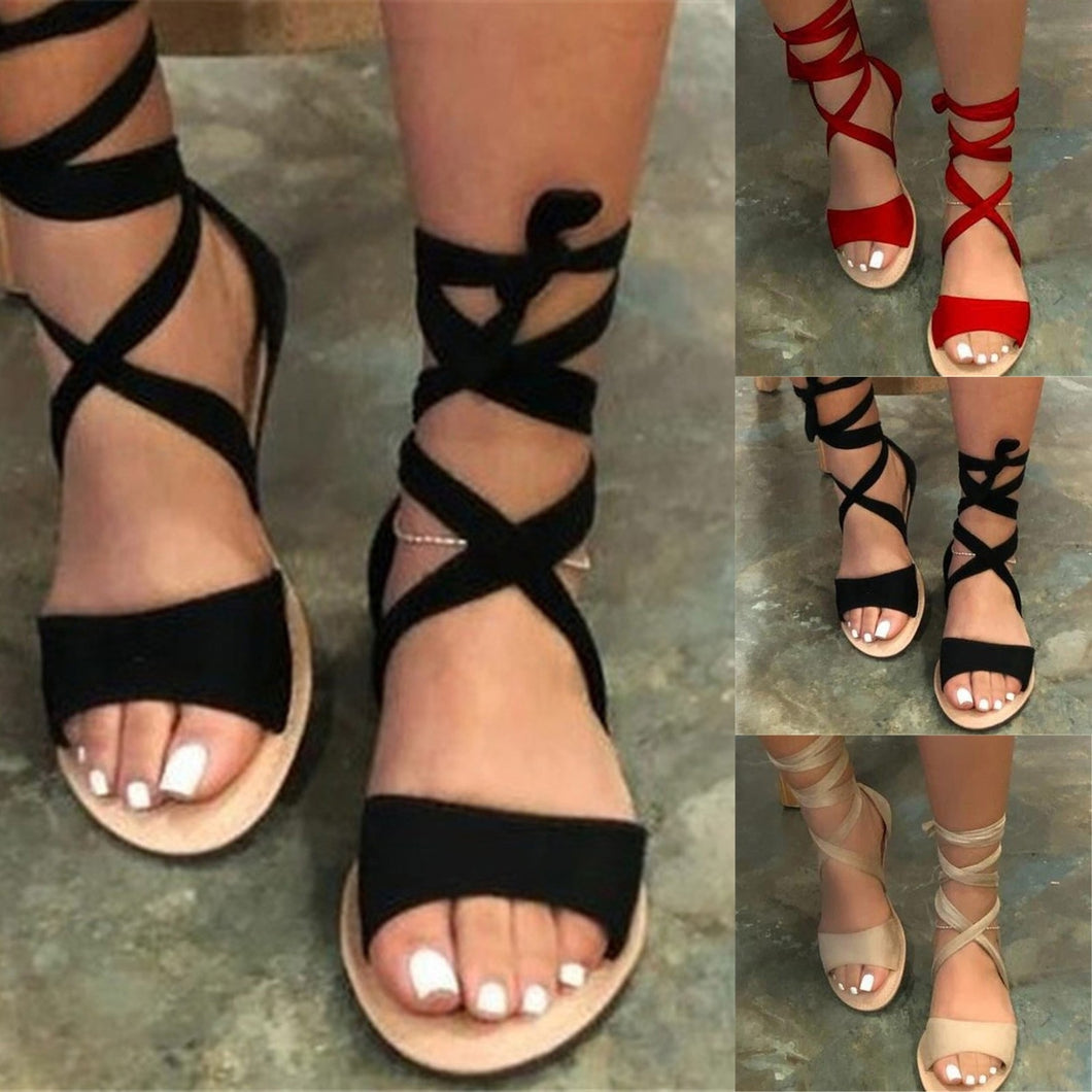 Roman Strap Lace Up Flat Sandals - Fashion Damsel