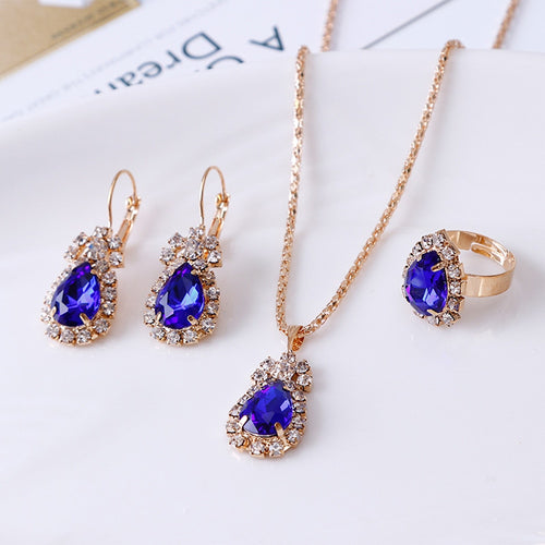 Luxury Water Drop Rhinestone Necklace Earrings Ring Set - Fashion Damsel