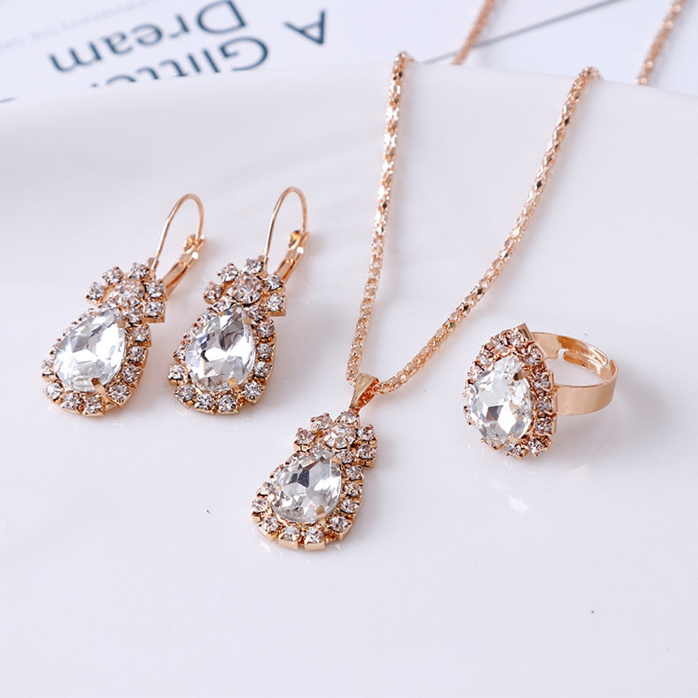 Luxury Water Drop Rhinestone Necklace Earrings Ring Set - Fashion Damsel