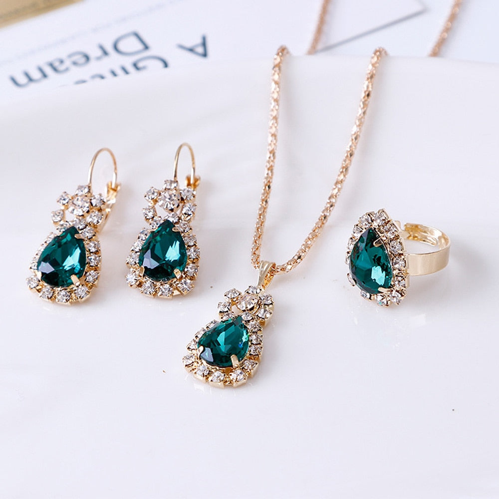 Luxury Water Drop Rhinestone Necklace Earrings Ring Set - Fashion Damsel