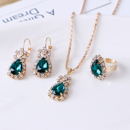 Luxury Water Drop Rhinestone Necklace Earrings Ring Set - Fashion Damsel