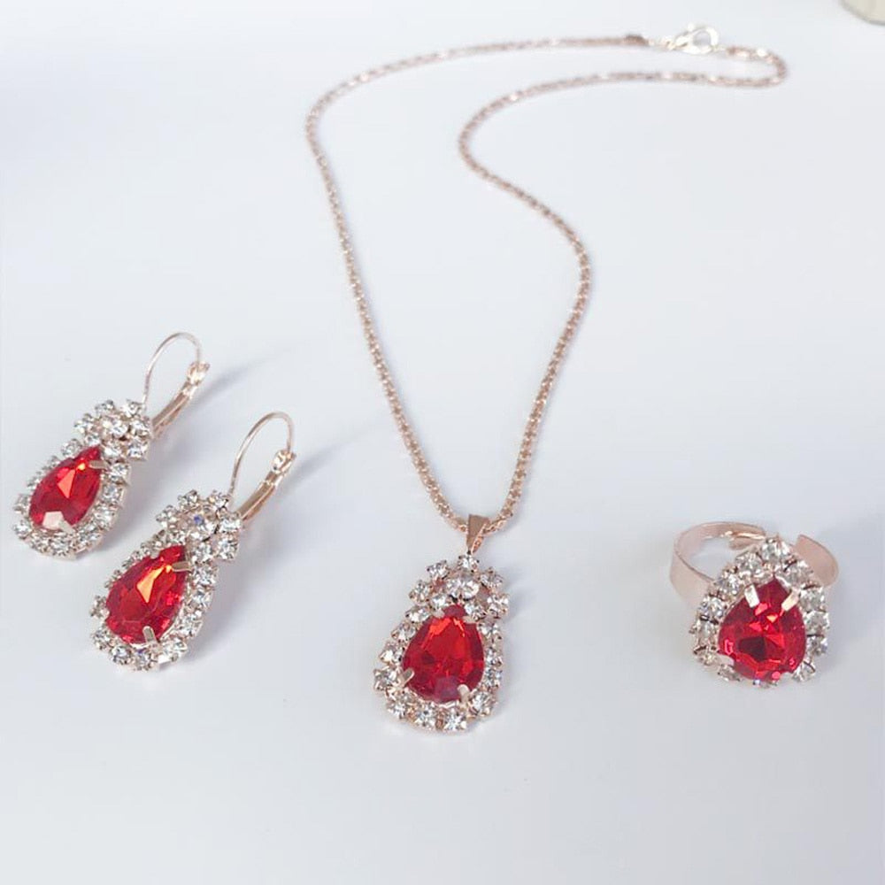 Luxury Water Drop Rhinestone Necklace Earrings Ring Set - Fashion Damsel