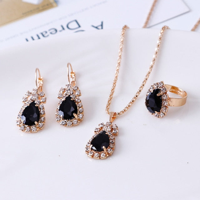 Luxury Water Drop Rhinestone Necklace Earrings Ring Set - Fashion Damsel