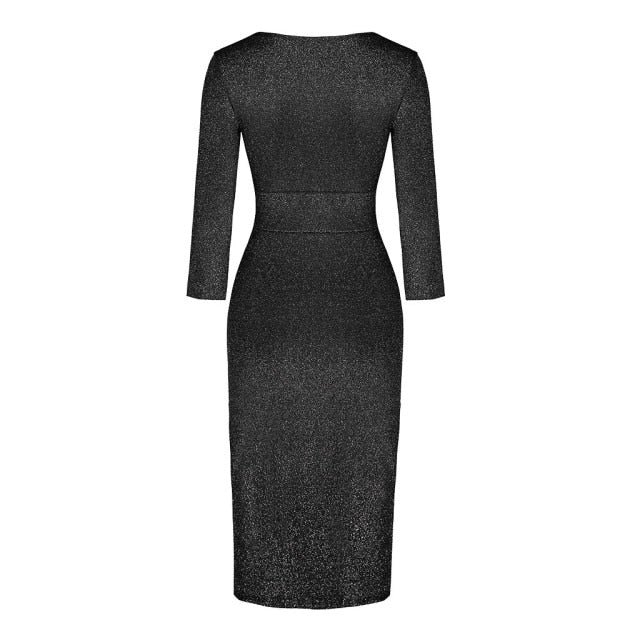 V-Neck High Split Long Sleeve Elegant Dress