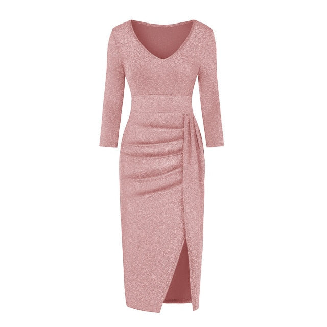 V-Neck High Split Long Sleeve Elegant Dress