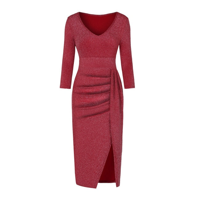 V-Neck High Split Long Sleeve Elegant Dress
