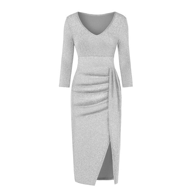 V-Neck High Split Long Sleeve Elegant Dress