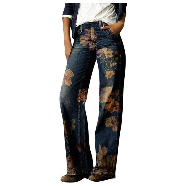 Flower Print Wide Leg Vintage Jeans