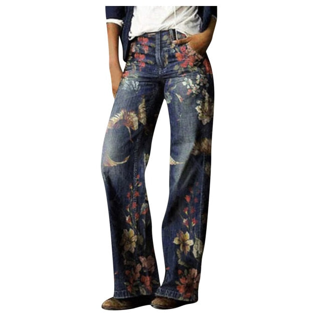 Flower Print Wide Leg Vintage Jeans