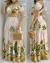 Load image into Gallery viewer, Tropical Print Hollow-out Off Shoulder V Neck Maxi Dress
