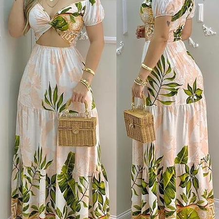 Tropical Print Hollow-out Off Shoulder V Neck Maxi Dress