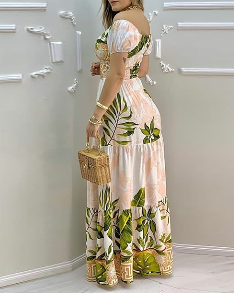 Tropical Print Hollow-out Off Shoulder V Neck Maxi Dress