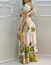 Tropical Print Hollow-out Off Shoulder V Neck Maxi Dress
