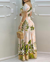 Load image into Gallery viewer, Tropical Print Hollow-out Off Shoulder V Neck Maxi Dress
