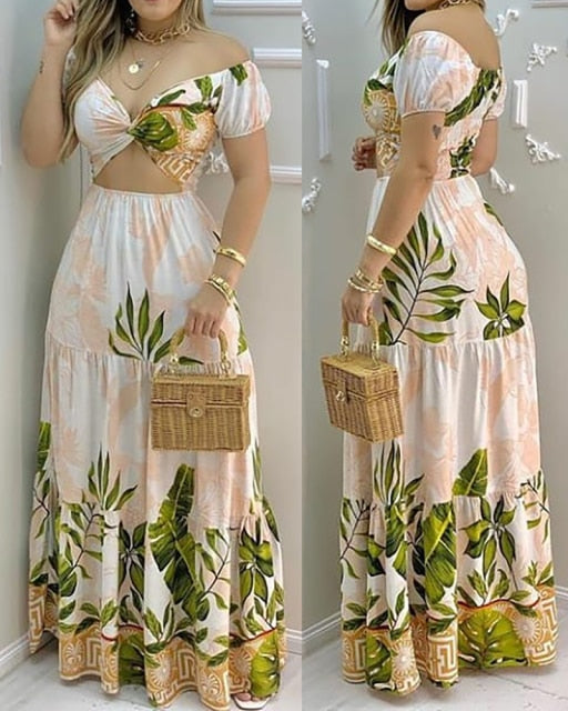 Tropical Print Hollow-out Off Shoulder V Neck Maxi Dress