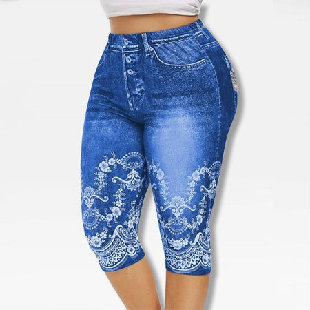 Printed Denim High Waist Yoga Pant - Fashion Damsel