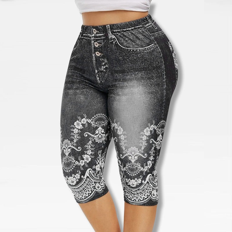 Printed Denim High Waist Yoga Pant - Fashion Damsel