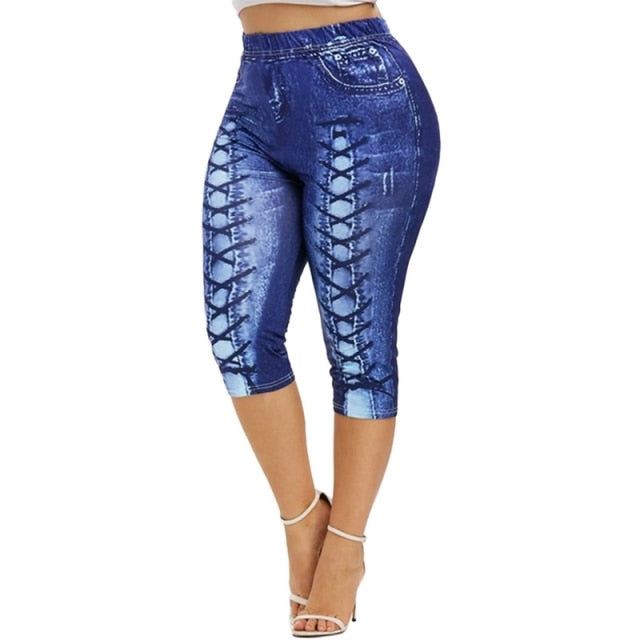 Printed Denim High Waist Yoga Pant - Fashion Damsel