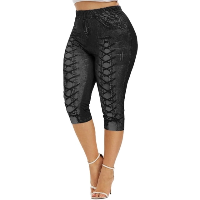 Printed Denim High Waist Yoga Pant - Fashion Damsel