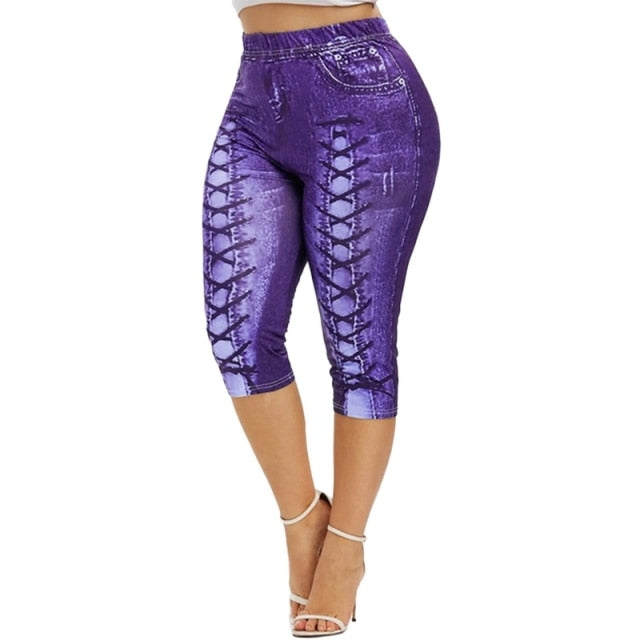 Printed Denim High Waist Yoga Pant - Fashion Damsel
