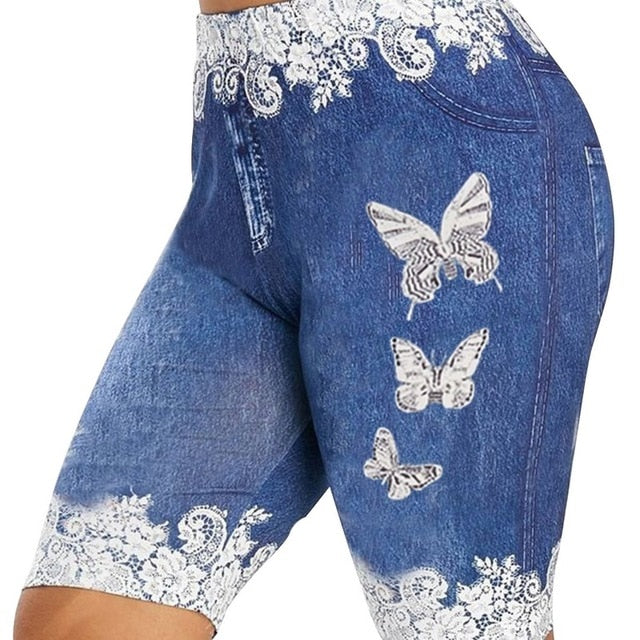 Printed Denim High Waist Yoga Pant - Fashion Damsel