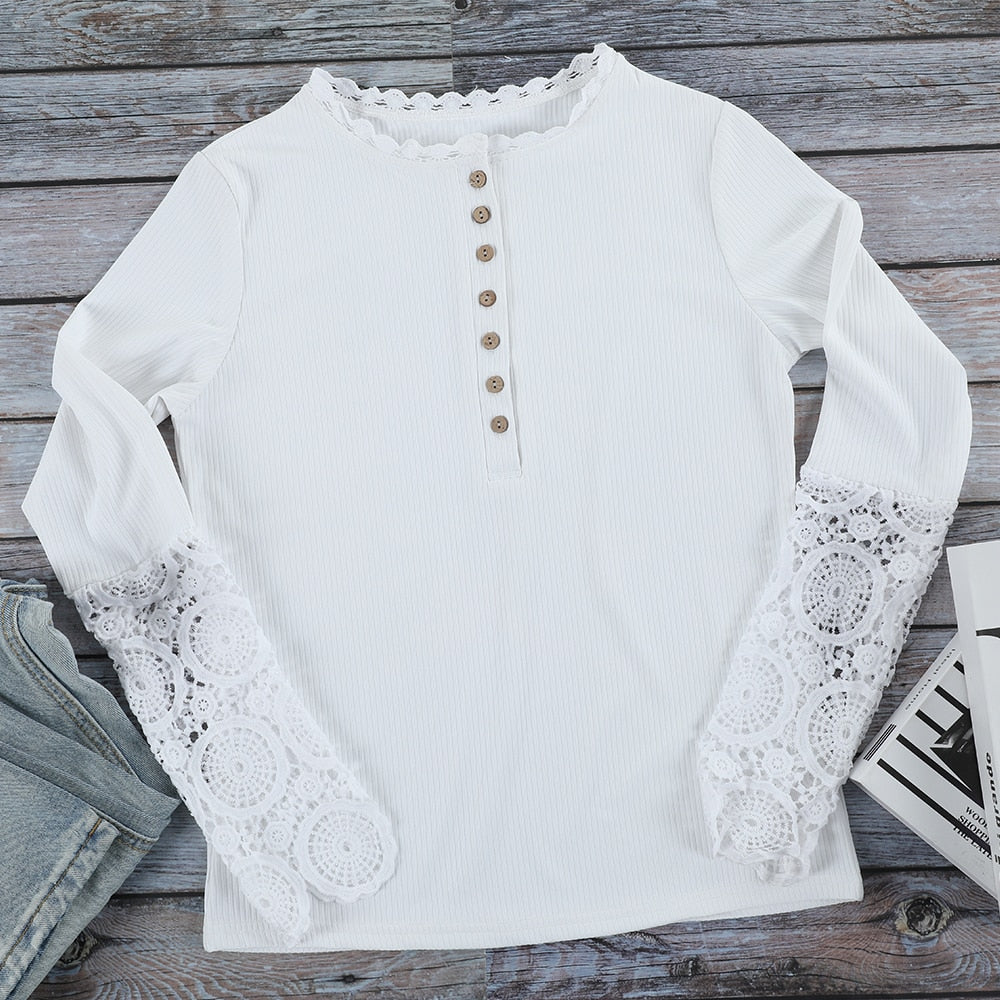 Lace O-Neck Hollow-Out Solid Top With Buttons
