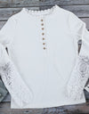 Lace O-Neck Hollow-Out Solid Top With Buttons