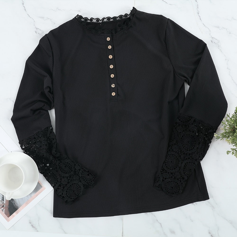 Lace O-Neck Hollow-Out Solid Top With Buttons