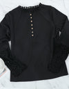 Lace O-Neck Hollow-Out Solid Top With Buttons