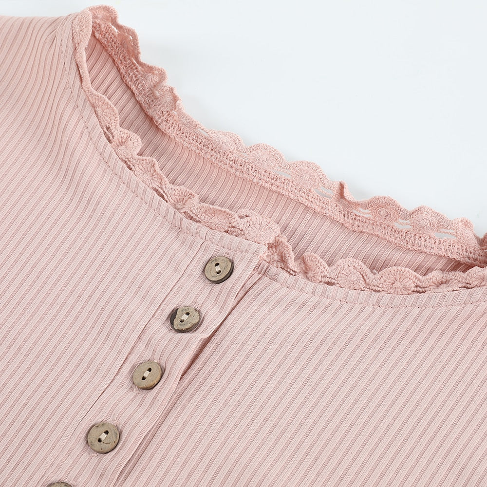 Lace O-Neck Hollow-Out Solid Top With Buttons