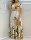 Tropical Print Hollow-out Off Shoulder V Neck Maxi Dress