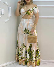 Load image into Gallery viewer, Tropical Print Hollow-out Off Shoulder V Neck Maxi Dress
