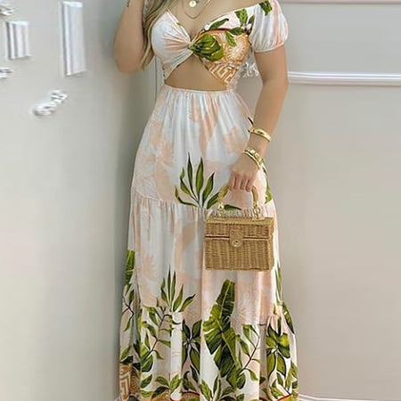 Tropical Print Hollow-out Off Shoulder V Neck Maxi Dress