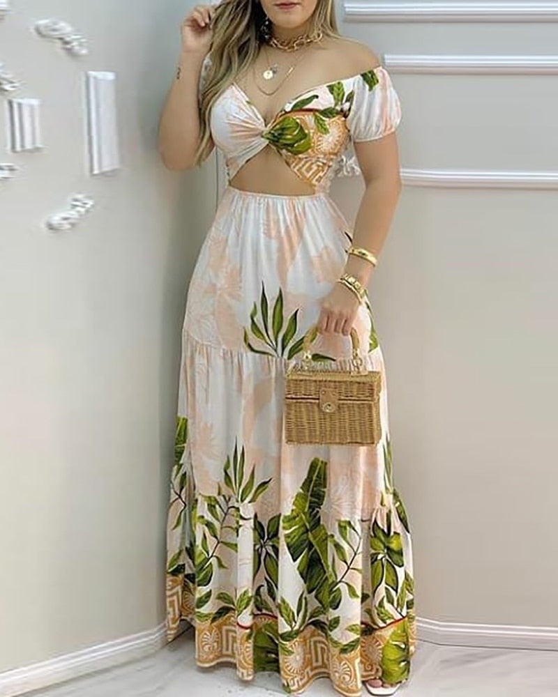 Tropical Print Hollow-out Off Shoulder V Neck Maxi Dress