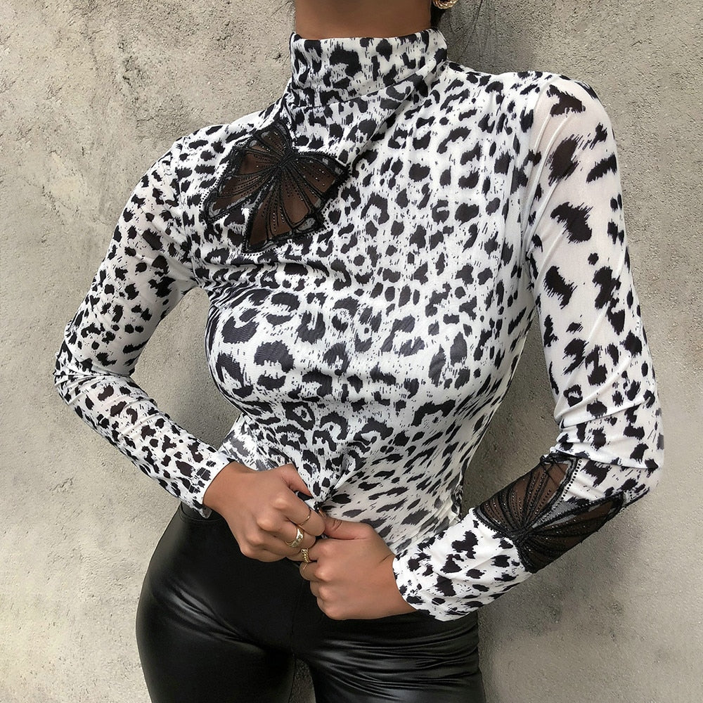 Long Sleeve Leopard Print Turtleneck Blouse - Fashion Damsel