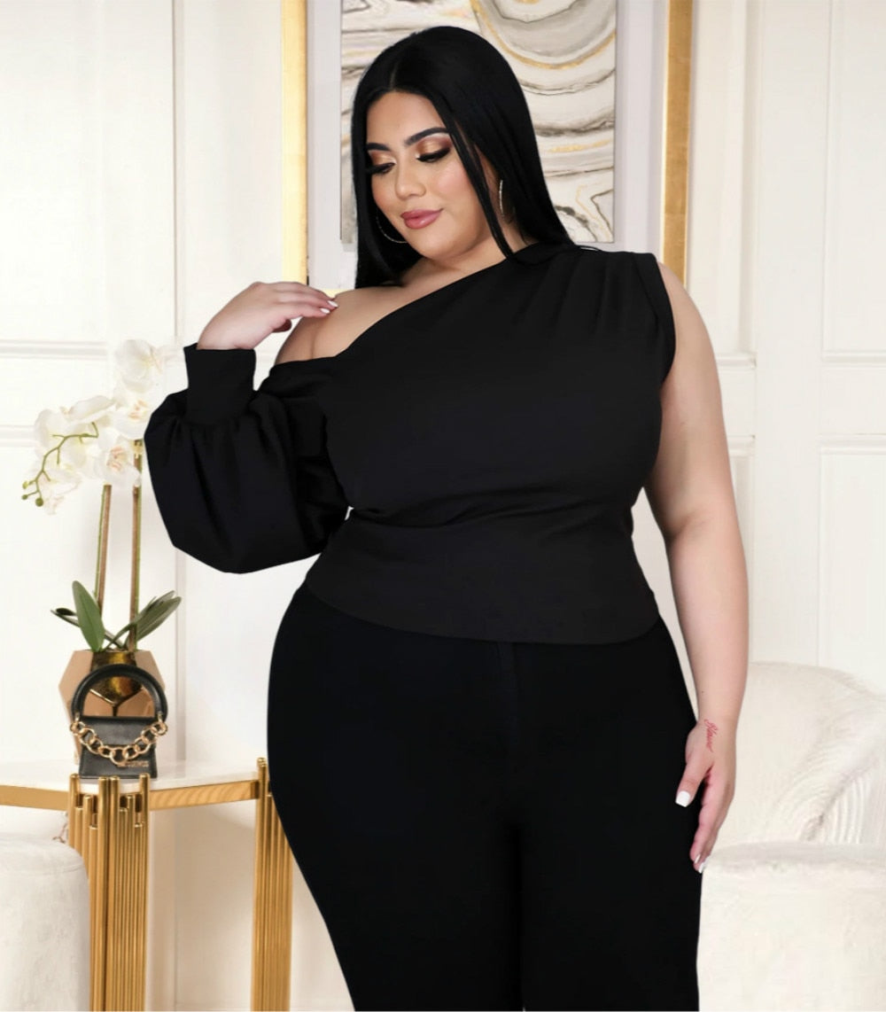 Skew Collar Lantern Sleeve Top - Fashion Damsel