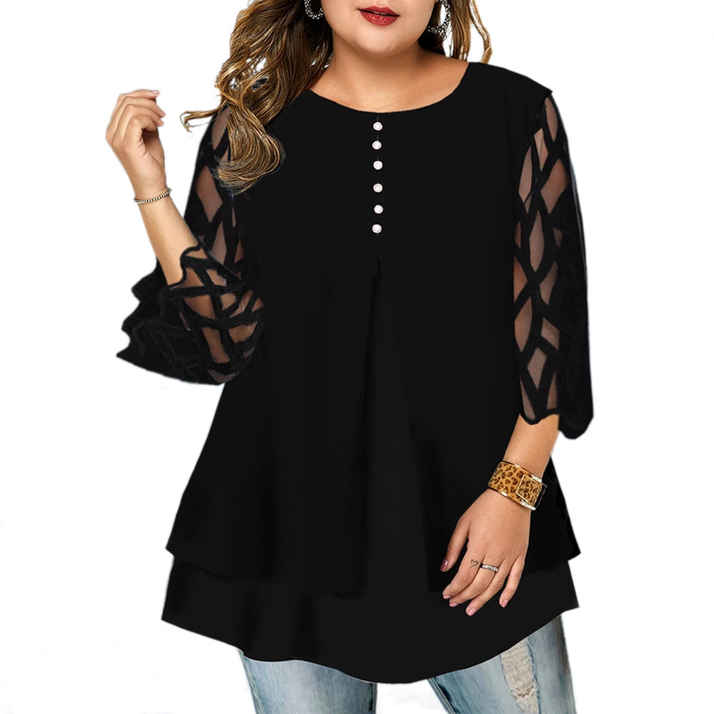 L-6XL Plus Size O Neck 3/4 Sleeve Loose Mesh Top