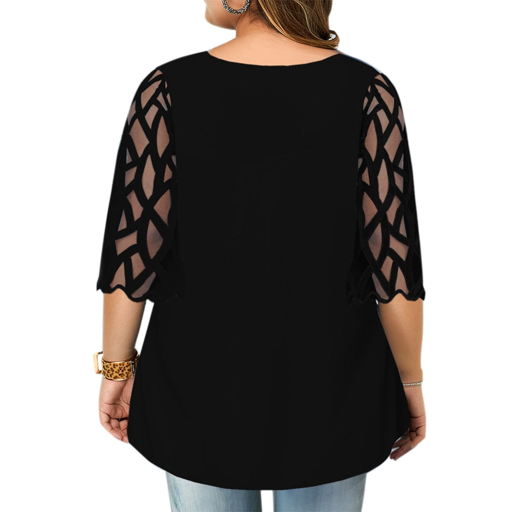 L-6XL Plus Size O Neck 3/4 Sleeve Loose Mesh Top